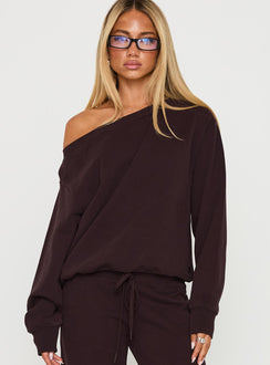 front view of model wearing Princess Polly Wellness Off The Shoulder Jumper Brown Cropped Jumpers 
