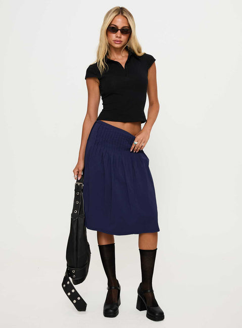  front view of model wearing Princess Polly Elaila Pleat Midi Skirt Navy Midi Skirts Skirts 