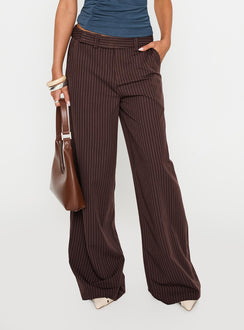 back view of model wearing Princess Polly Lustre Wide Leg Pant Brown Pinstripe Low Rise Pants 