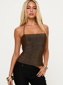 front view of model wearing Princess Polly Puzzle Piece Tie Back Top Gold Shimmer Sleeveless Square Neck 