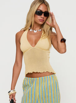 front view of model wearing Princess Polly Leam Top Butter Sleeveless Plunger 