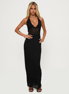 front view of model wearing Princess Polly San Lorenzo Crochet Maxi Dress Black Plunger 