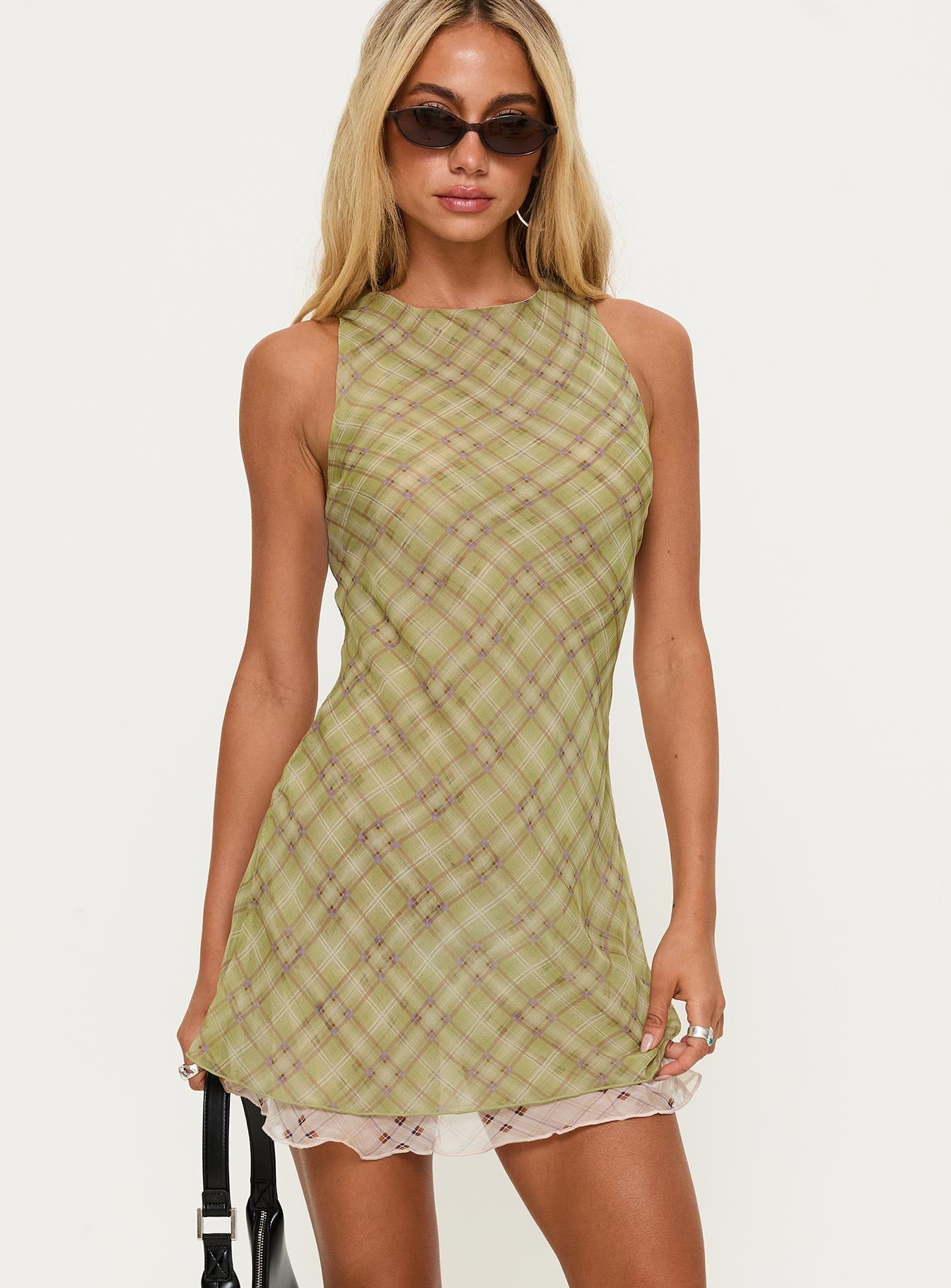 front view of model wearing Princess Polly Buffie Shoulder Mini Dress Green Check Crew Neck 
