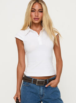 front view of model wearing Princess Polly Prodigy Collared Polo Top White Short Sleeves V-Neck 