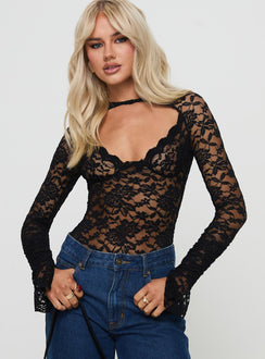 front view of model wearing Princess Polly Giallo Long Sleeve Bodysuit Black Full Sleeves 