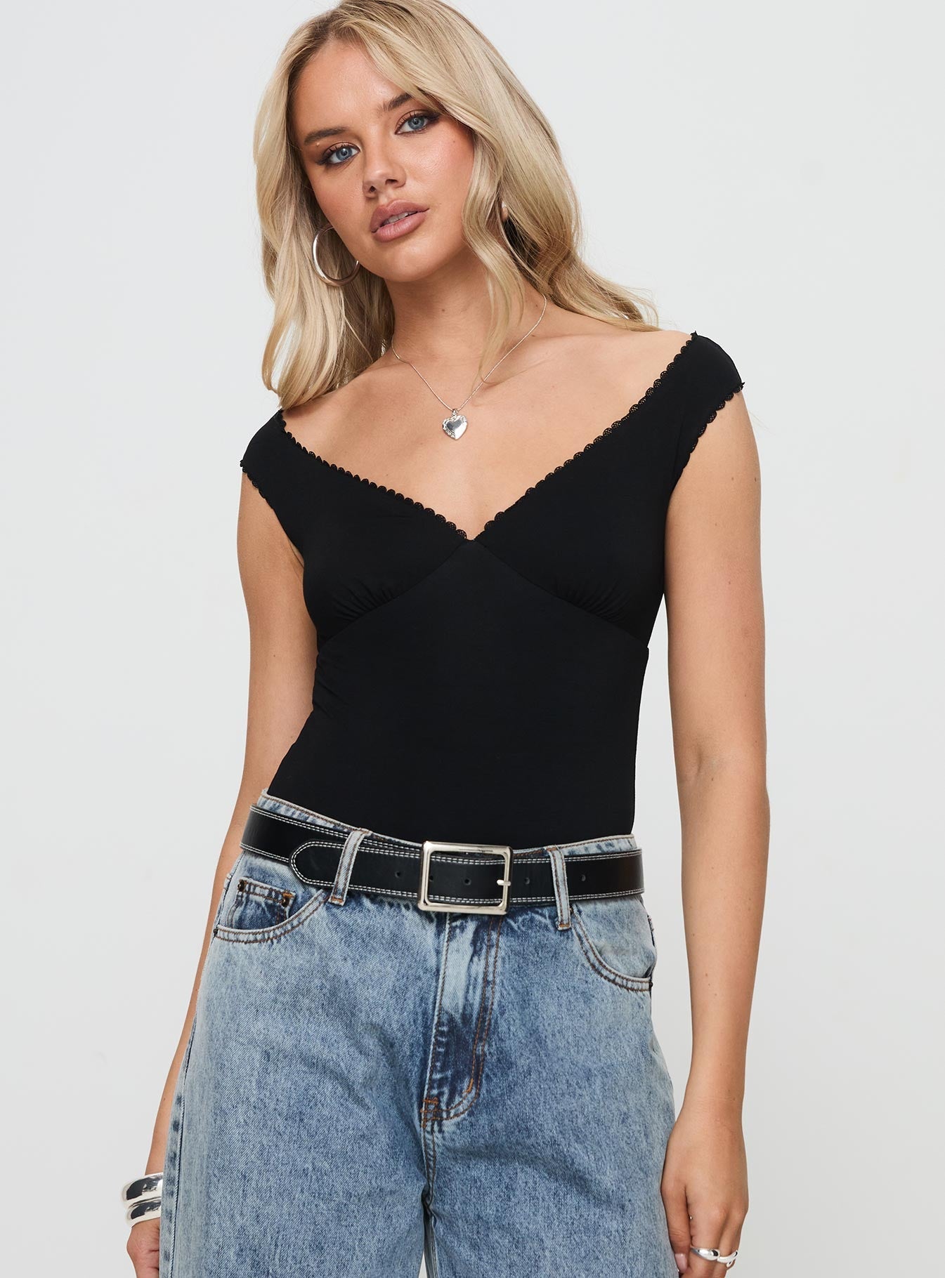 front view of model wearing Princess Polly Faure Bodysuit Black Sleeveless V-Neck 