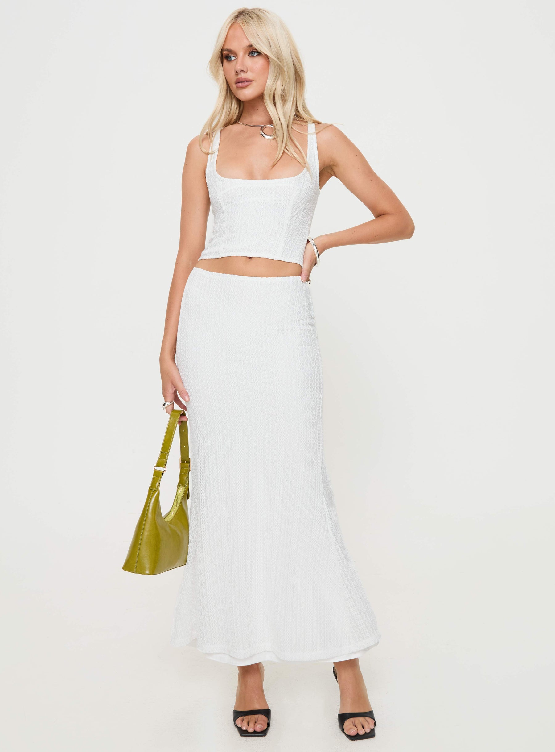 White Matching set Knit material, scooped neckline, invisible zip fastening, split in hem at back