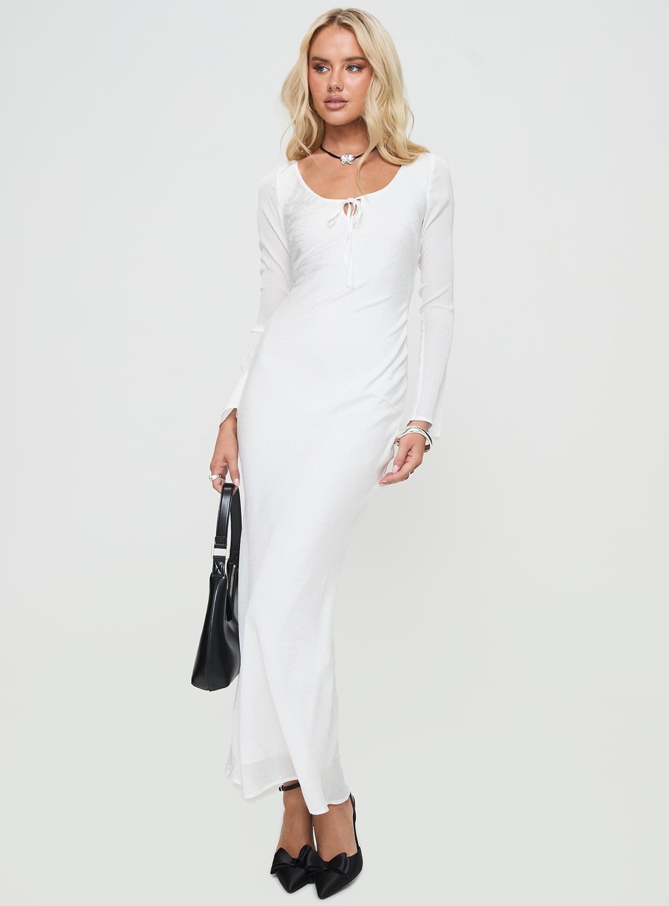 side view of model wearing Princess Polly Sorento Long Sleeve Bias Cut Maxi Dress White Scoop Neck 