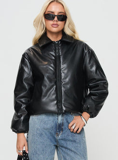Black jacket Classic collar, exposed zip fastening, drawstring at waist, twin pockets