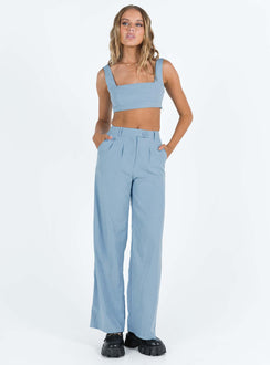 Matching set blue Soft brushed material Crop top Invisible zip fastening at side High waisted pants Wide relaxed leg Belt loops at waist Zip & button fastening Non-stretch Lined top