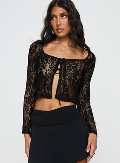 Black Long sleeve lace top Scooped neckline, tie & button fastening at bust, split hem