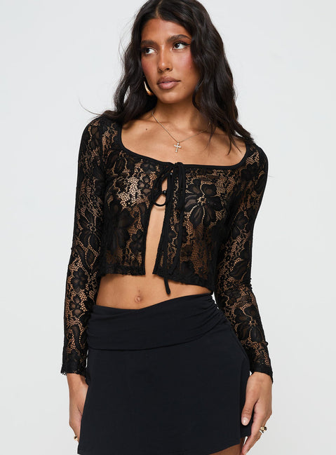 Black Long sleeve lace top Scooped neckline, tie & button fastening at bust, split hem