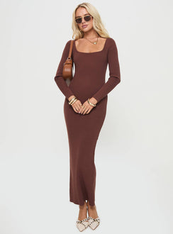 Long sleeve maxi dress Rib knit material, slim fit, square neckline Good stretch, unlined 
