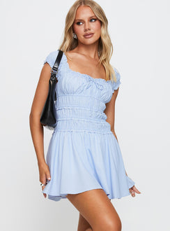 Dewdrop Shirred Mini Dress Blue