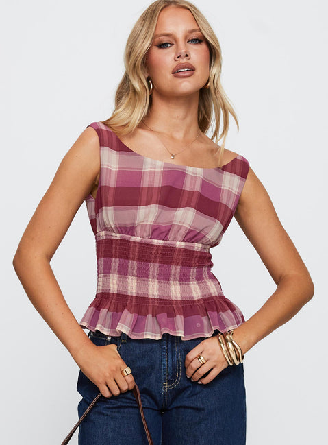 front view of model wearing Princess Polly Sweet Honey Frill Top Pink Check Sleeveless Boat Neck 