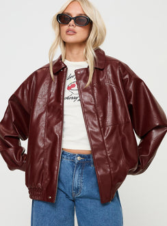 Burgundy Faux Leather jacket Oversized fit, zip fastening at front, classic collar, twin hip pockets, elasticated waistband