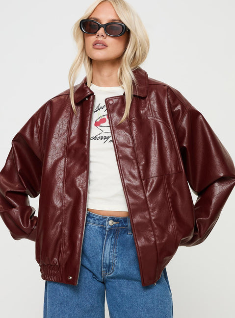 Burgundy Faux Leather jacket Oversized fit, zip fastening at front, classic collar, twin hip pockets, elasticated waistband