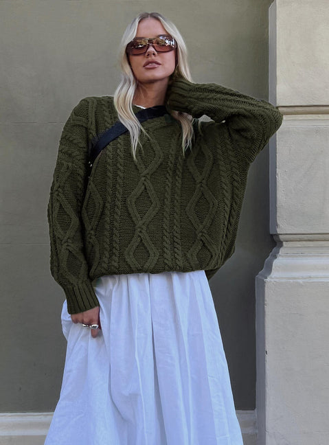 front view of model wearing Princess Polly Anaya Oversized Sweater Olive 