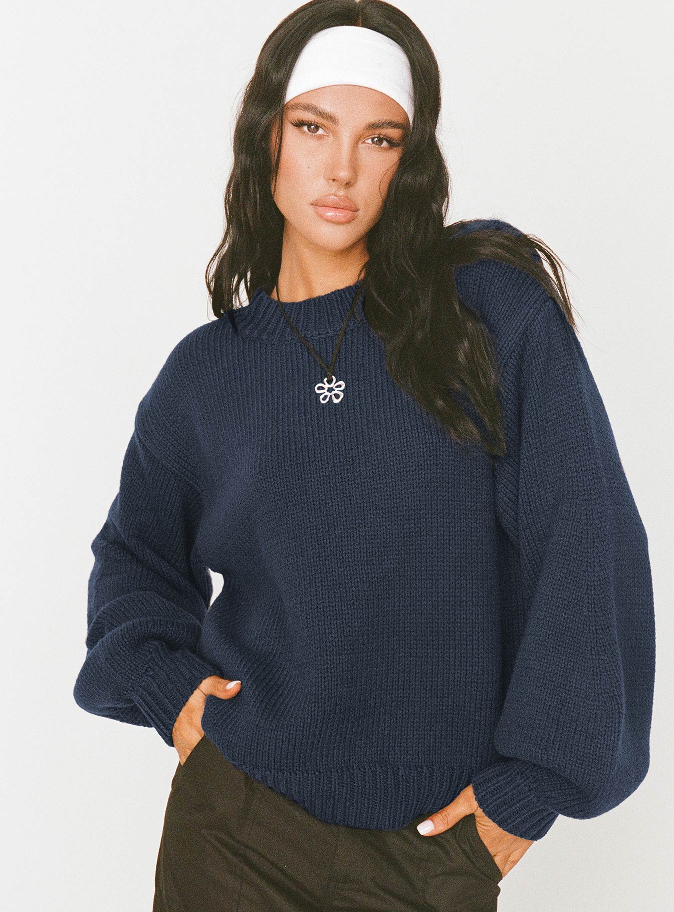 Harmony Balloon Sleeve Knit Sweater Navy | Princess Polly
