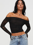 Black off the shoulder long sleeve top Ruching detail throughout
