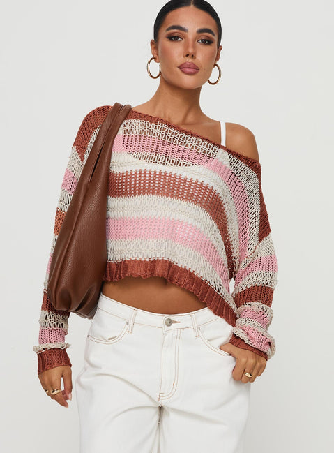 front view of model wearing Princess Polly Perren Sweater Pink / Brown Stripe Cropped 