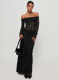 side view of model wearing Princess Polly Pinot Grigio Long Sleeve Lace Maxi Dress Black Straight Neck 