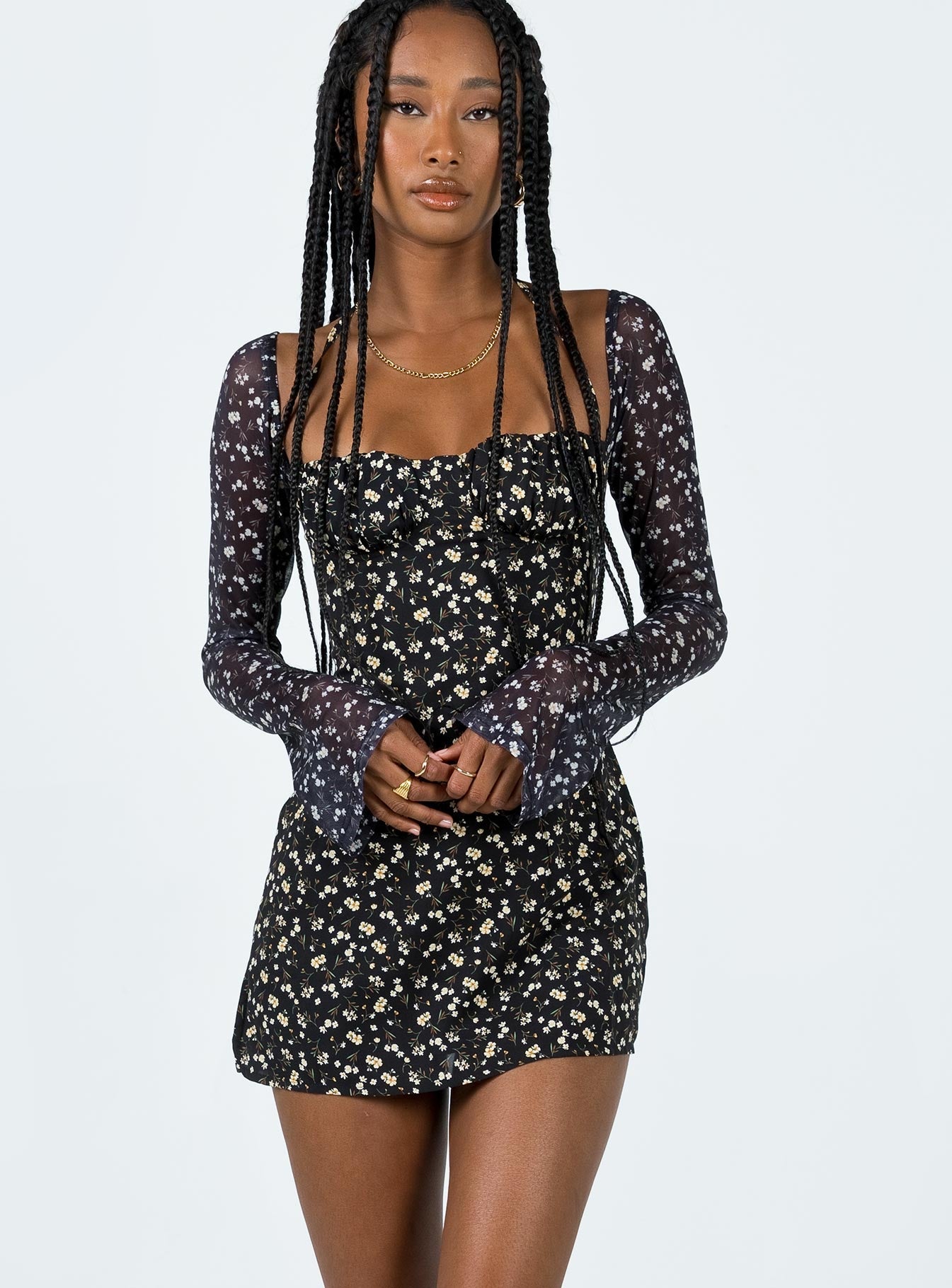 product Princess Polly High Neck  Dyer Sheer Sleeve Mini Dress Black Floral