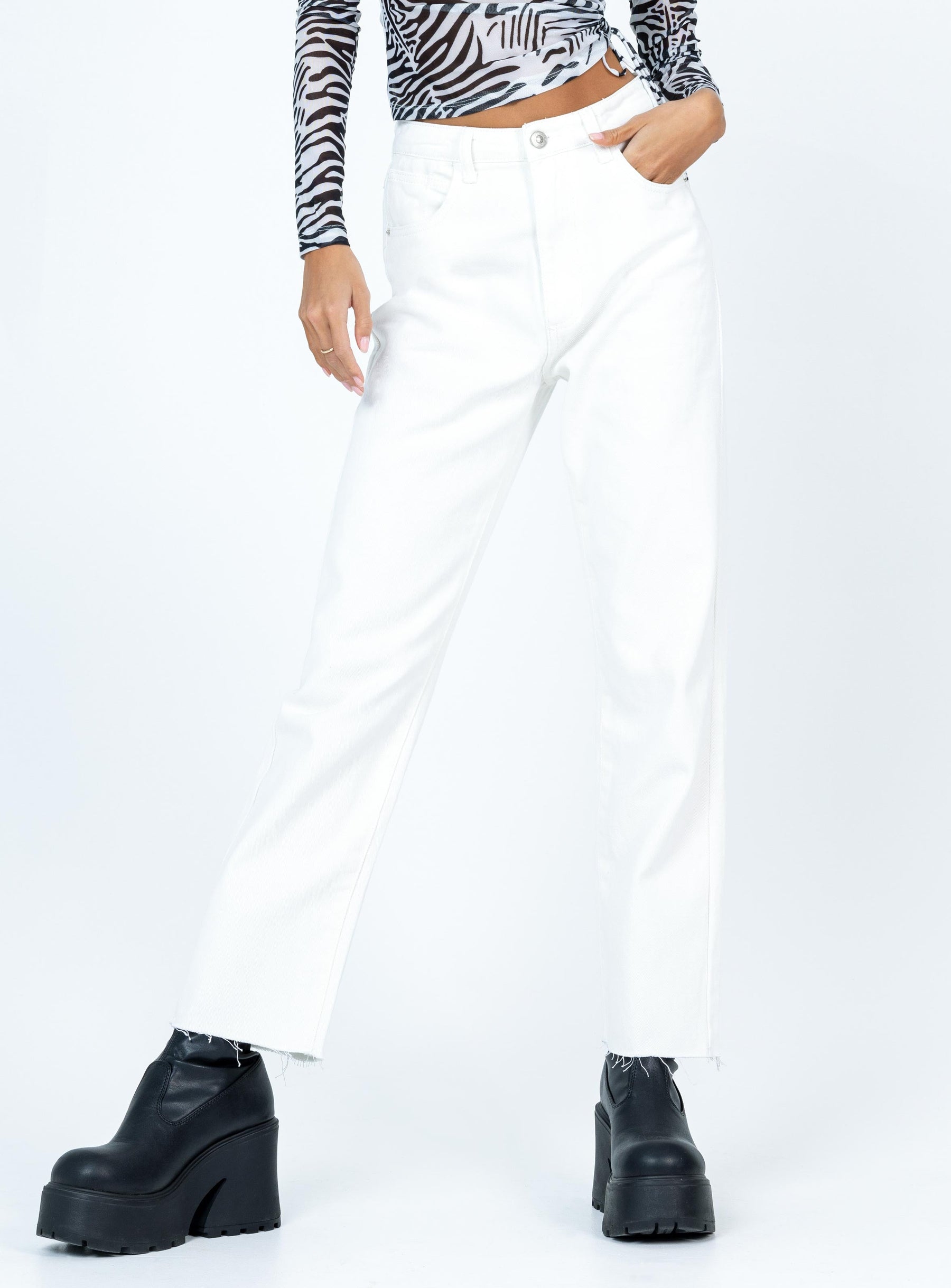 front view of model wearing Princess Polly Harrow Straight Leg Denim Jeans White High Waisted 