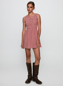 side view of model wearing Princess Polly Winxie Shirred Mini Dress Red Gingham Scoop Neck 