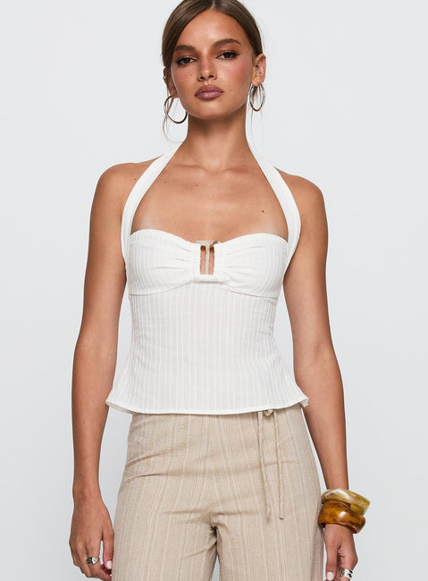 front view of model wearing Princess Polly Isabetta Halter Top White Sleeveless Sweetheart 