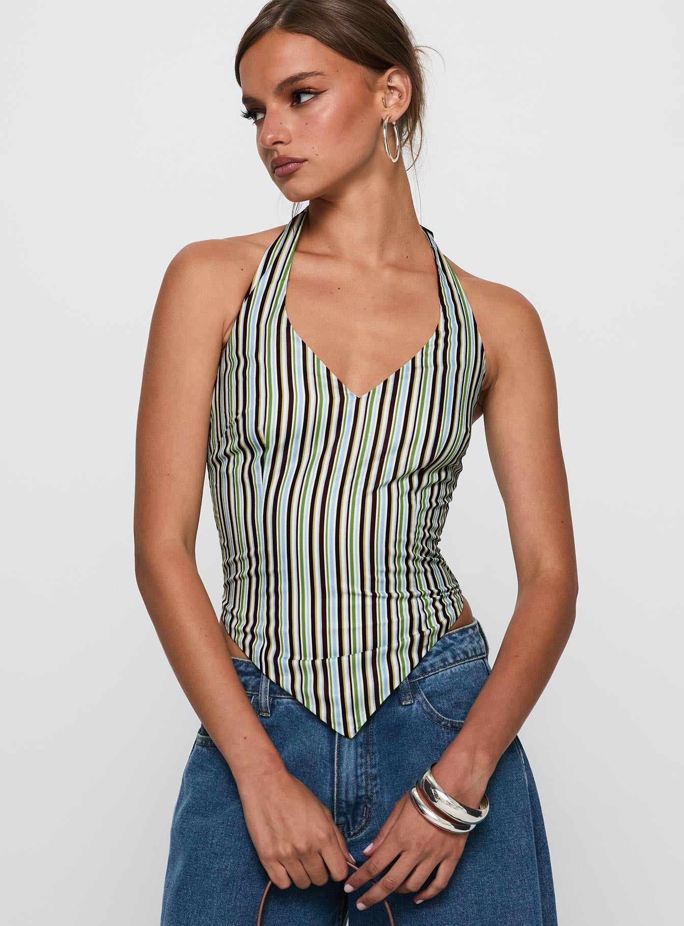 back view of model wearing Princess Polly High Gear Halter Top Multi Sleeveless V-Neck 