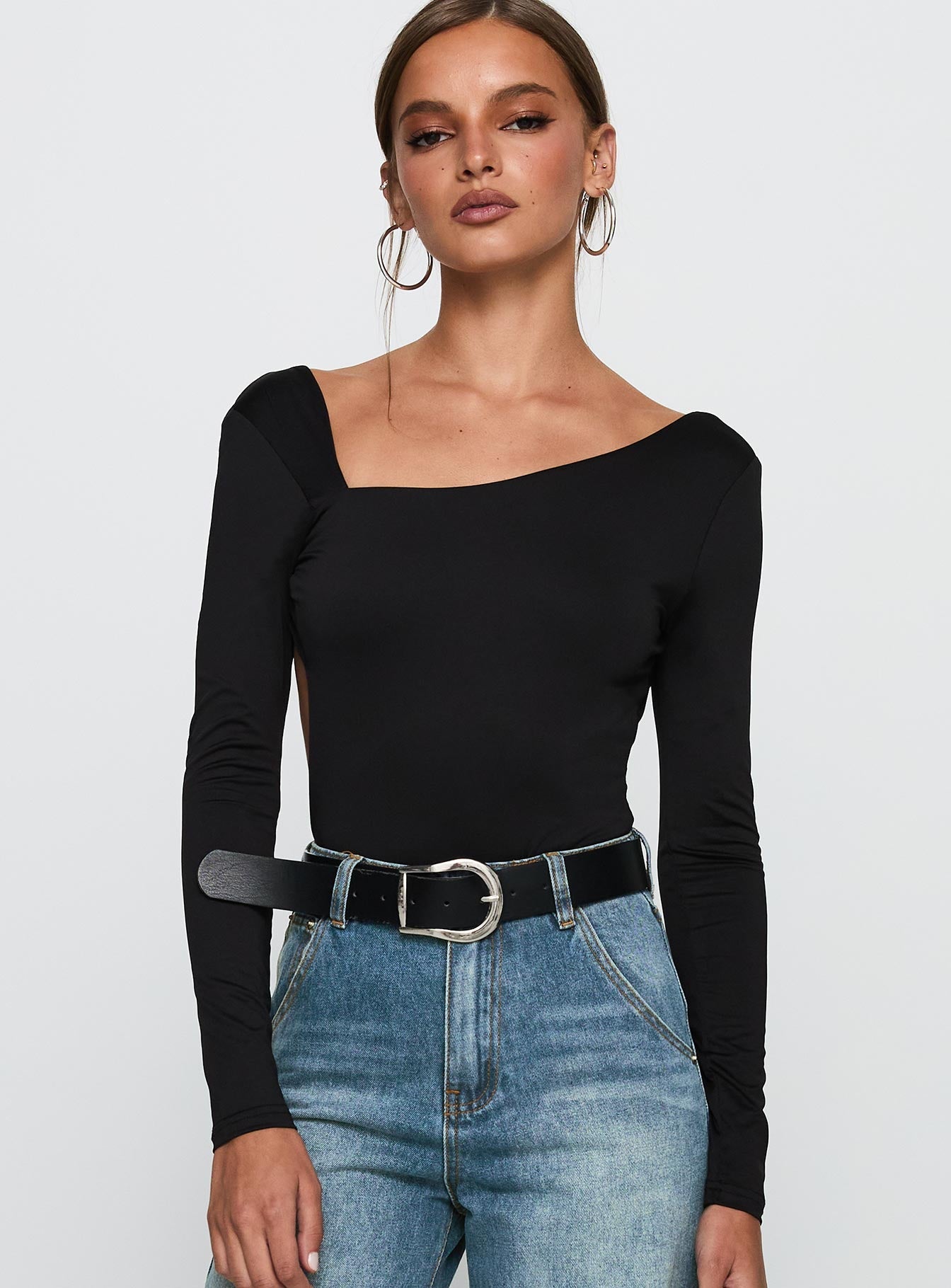 front view of model wearing Princess Polly Look This Good Backless Bodysuit Black Long Sleeve Tops 