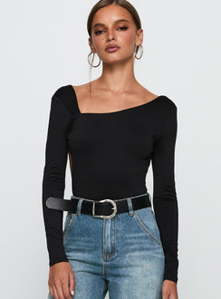 front view of model wearing Princess Polly Look This Good Backless Bodysuit Black Long Sleeve Tops 