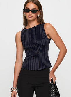 front view of model wearing Princess Polly Running Wild Top Blue Stripe Sleeveless Crew Neck 