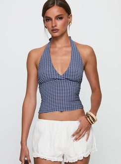 front view of model wearing Princess Polly Whimsy Halter Top Navy Gingham Sleeveless Sleeveless Plunger Plunger 