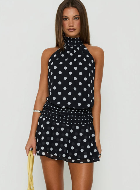 Pure Attraction High Neck Playsuit Black Polka Dot