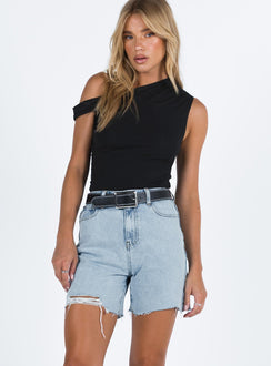 front view of model wearing Princess Polly Maggie Denim Shorts Mid Wash High Waisted Shorts 