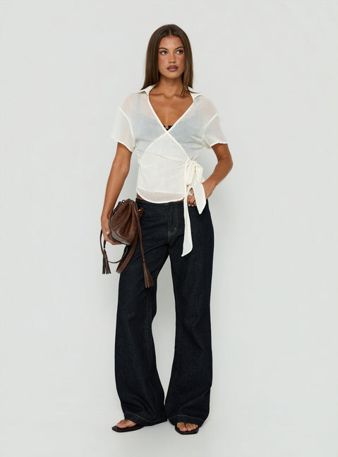 Myaa Chiffon Collared Short Sleeve Wrap Top Cream