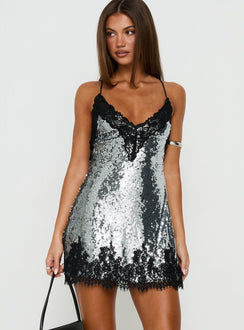 Call My Lover Lace Slip Mini Dress Silver / Black