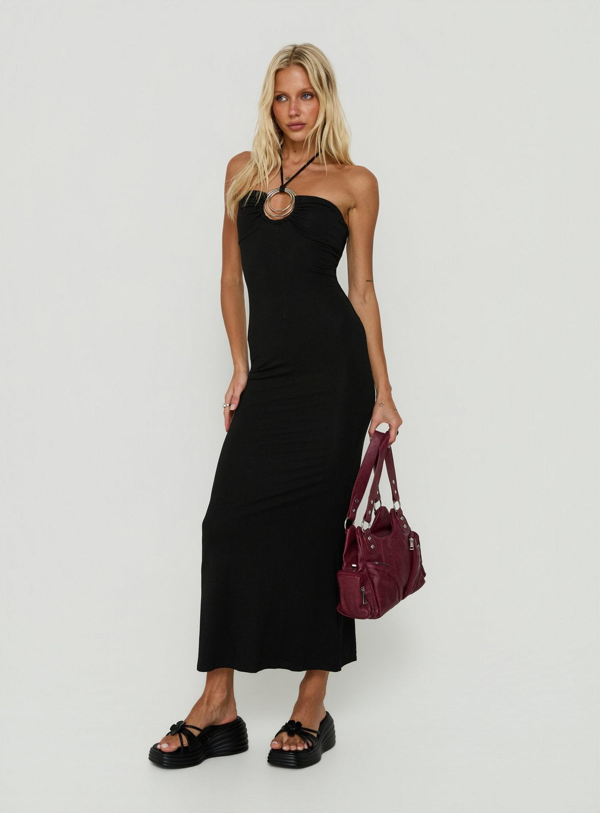 Betsey Ring Detail Tie Neck Dress Black