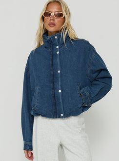 Soja Denim Funnel Neck Jacket Mid Blue Wash
