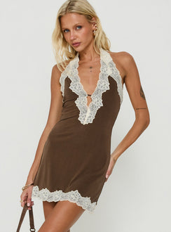 Veyda Lace Trim Mini Dress Chocolate / Cream