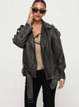 Biker jacket  Oversized lapers, buckle detail, two visible zip at hem & cuffs, adjustable belt straps Non-stretch material, fully lined 