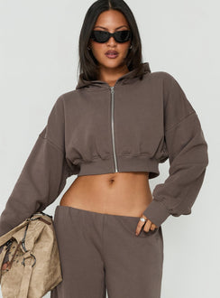 Featuring the Lanna Fleece Zip Through Cropped Hoodie Grey in womens-jumpers with short length front view of model wearing Princess Polly