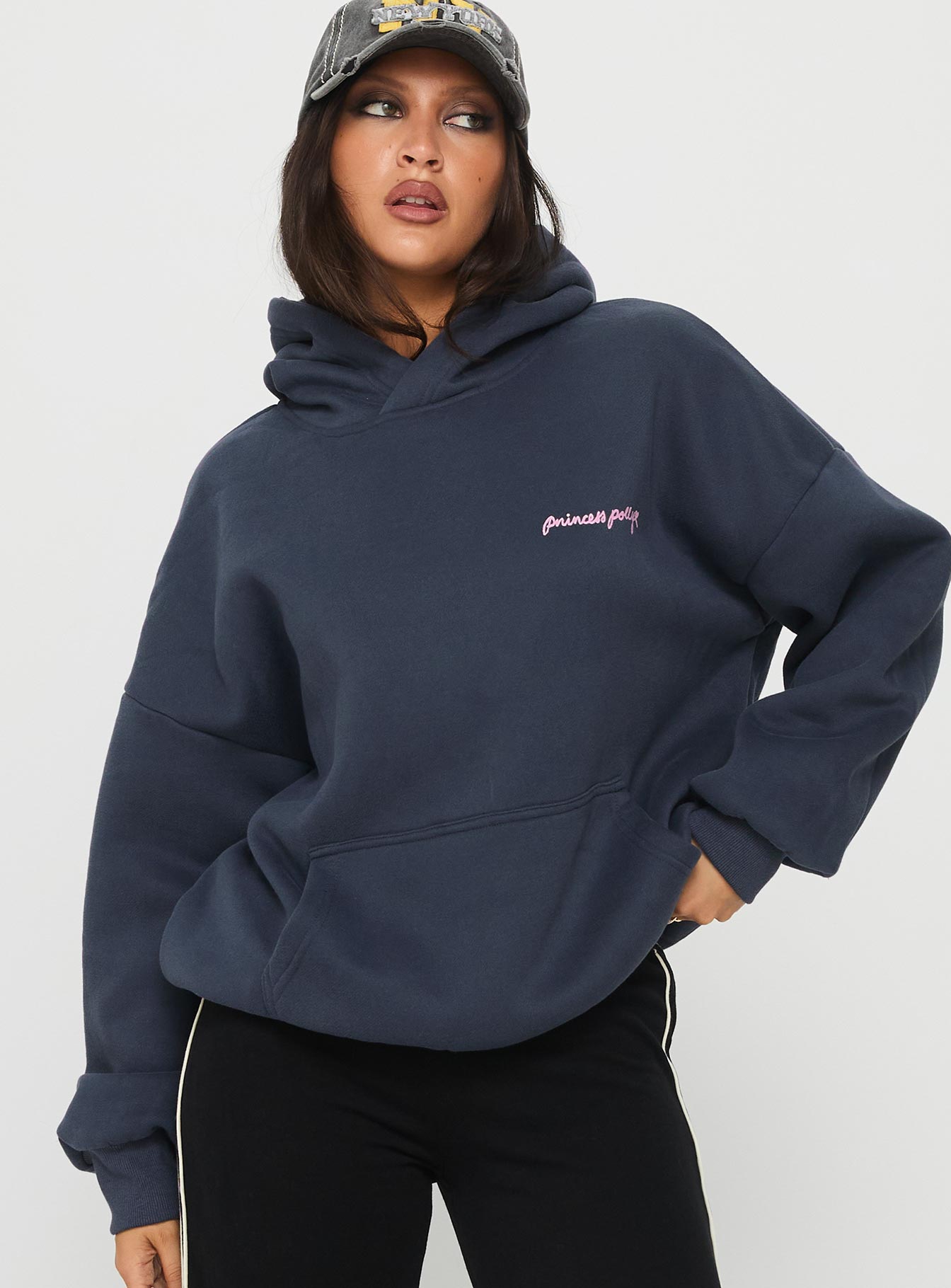 front view of model wearing Princess Polly Princess Polly Love Letter Graphic Hoodie Slate Grey 