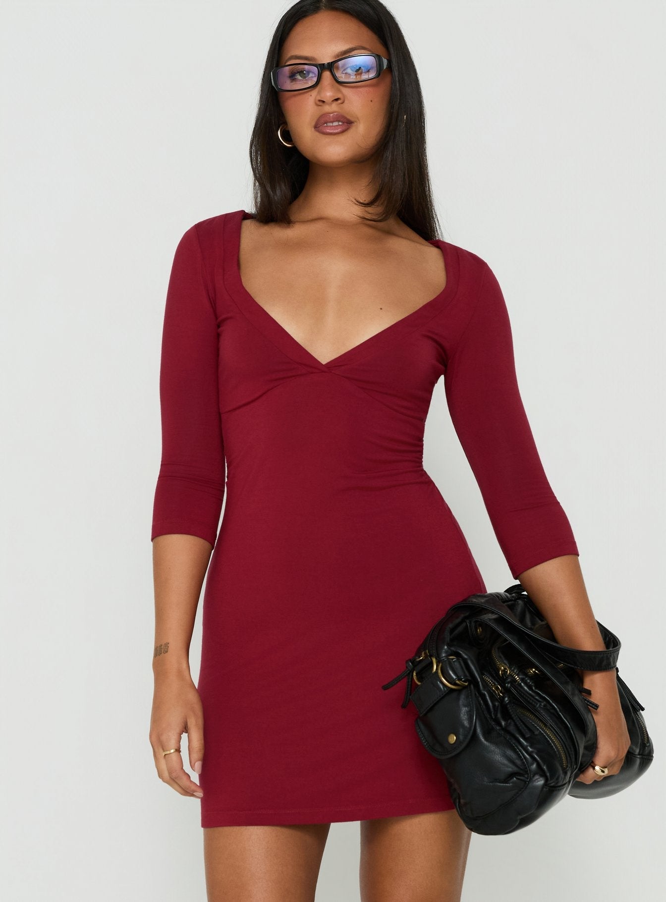 Florisa 3/4 Sleeve V Neck Mini Dress Red