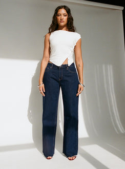 front view of model wearing Princess Polly Darla Low Rise Straight Jean Dark Wash Petite Low Rise Jeans 