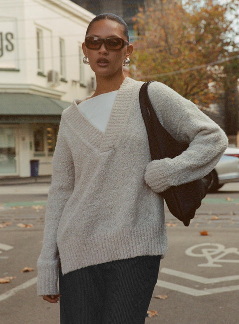 front view of model wearing Princess Polly Mich Knit Sweater Beige Jumpers 