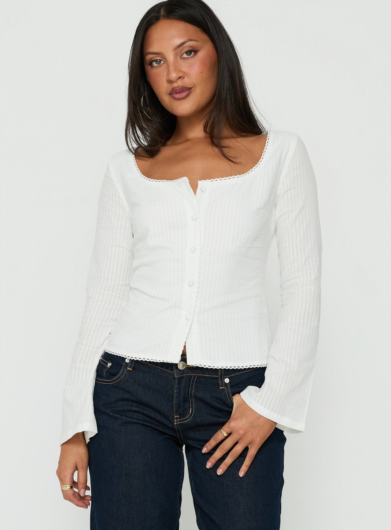 Leoniah Pico Trim Button Up Long Sleeve Top White