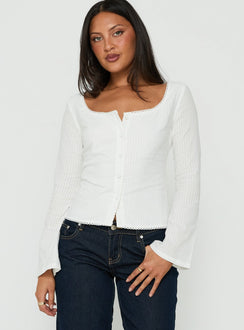 Leoniah Pico Trim Button Up Long Sleeve Top White